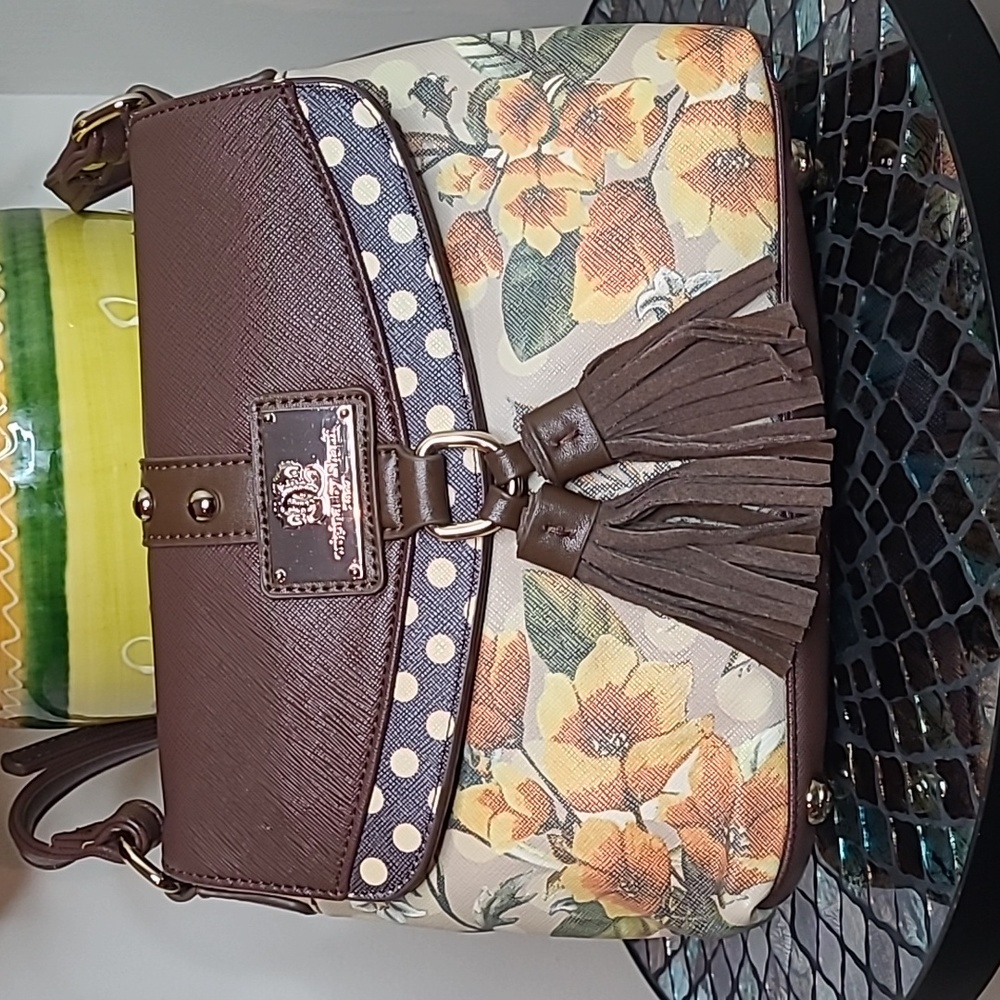 Sharif "Rehab Bag" Brown Leather Sunflower and Polka Dot Crossbody Bag